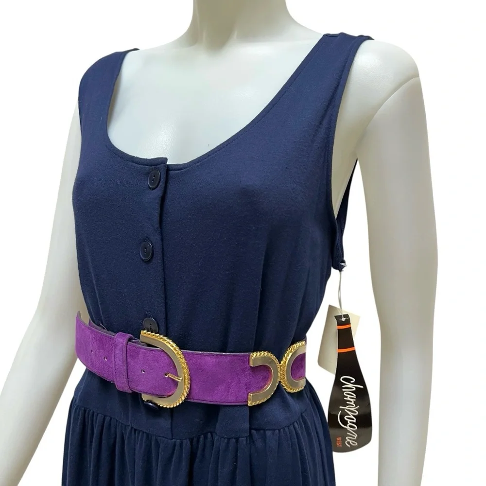 Vtg CHAMPAGNE Maxi Dress Drop-Waist Navy Minimalist Lagenlook NWT 90's‎ X-large